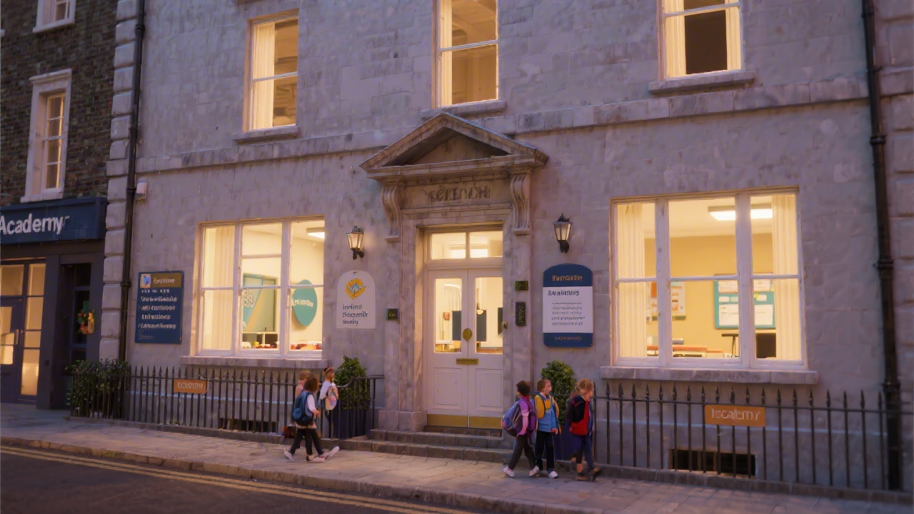 Exterior view of a classic Dublin building adapted for a small academy, with warm light coming through large windows and a clean entrance for students.