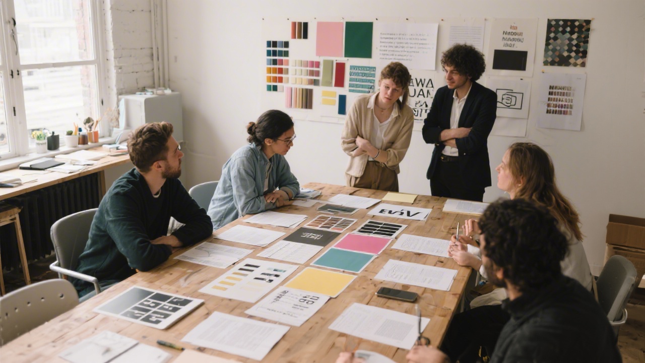 Workshop participants reviewing a brand mood board with color samples, typography sheets, and layout drafts on a large table in a creative studio.