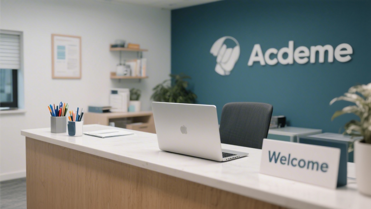 Reception desk with clean stationery, a laptop, and a welcoming sign in a small academy office, illustrating a professional point of contact.