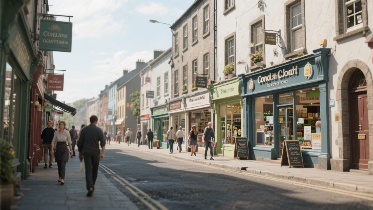 Street scene in Cork with small local shops and pedestrians, capturing the everyday environment where local businesses seek better digital visibility.