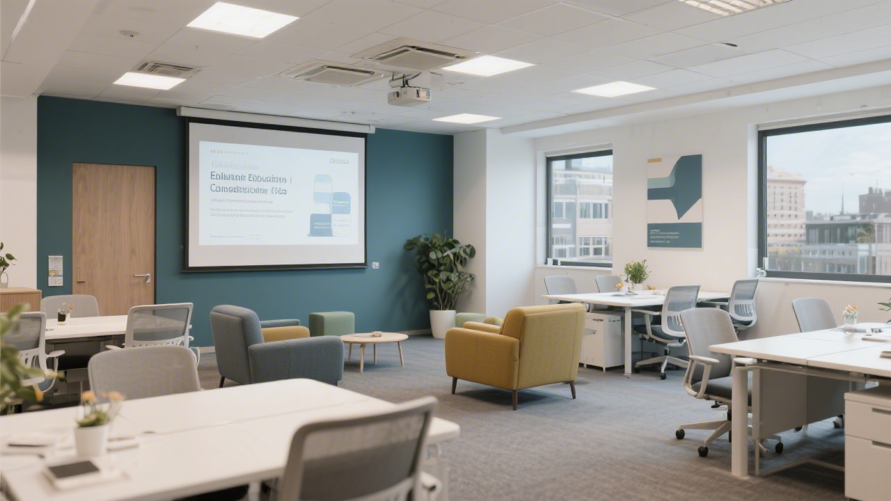 Modern Dublin office interior with desks, comfortable seating, and presentation screens, conveying a professional environment for education and consultation.