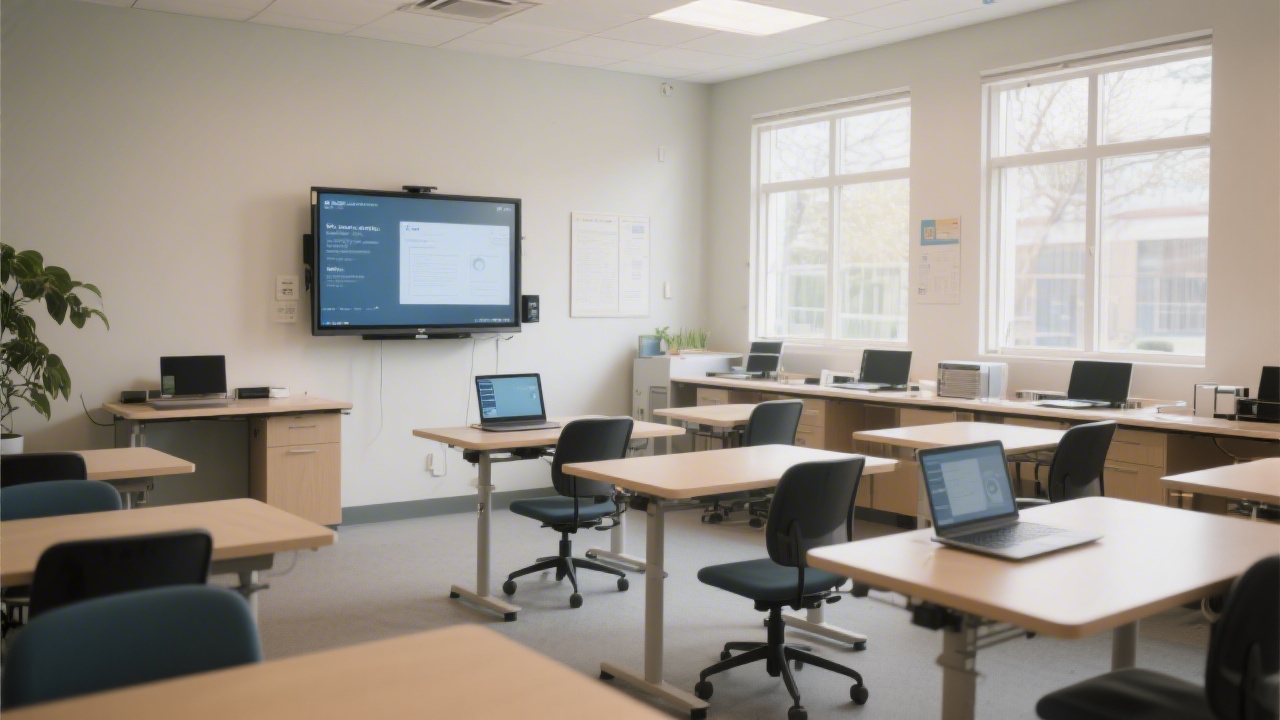 Quiet learning lab with individual desks, natural light, and a shared screen for a workshop, illustrating a calm environment for focused digital learning.