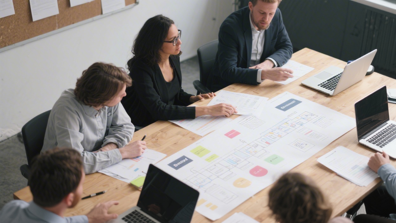Focused strategy session with papers, laptops, and a brand storyboard laid across a table, showing collaborative planning for a web and branding project.