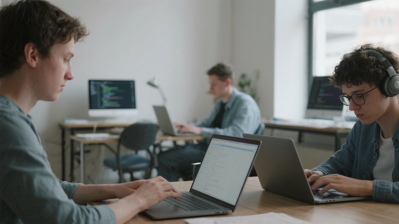 Learners working on laptops with code editors open, a quiet studio environment emphasizing modern web development practice and collaborative learning.